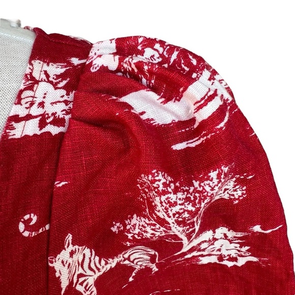 Reformation Leo Linen Top Nairobi Red Safari Print Button Detail Puff Sleeves 6 - Picture 11 of 15